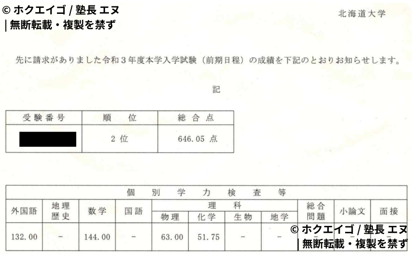 塾長エヌの北大 点数 646.05点/750点 次席入学であることがわかる